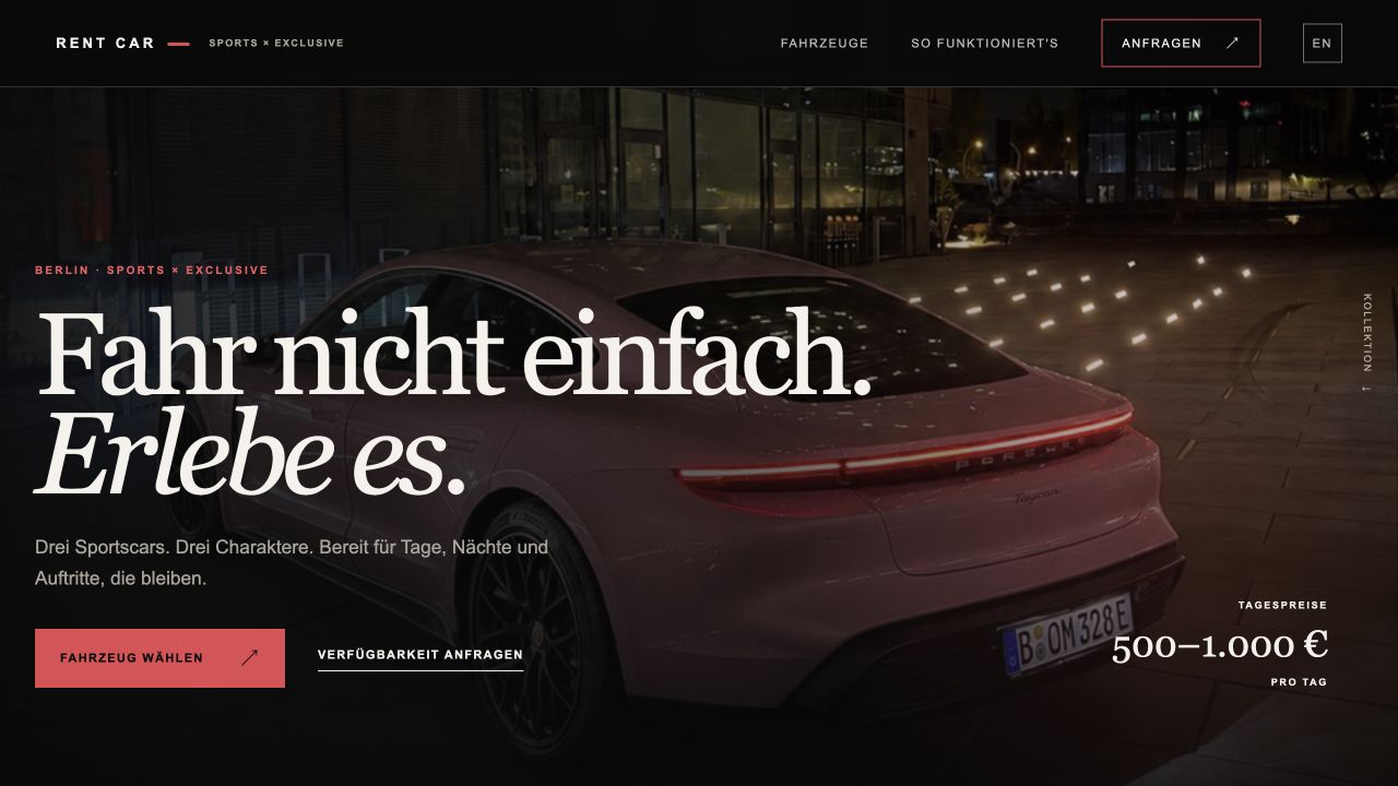 Startseite von Car Rent Berlin mit einem Sportwagen bei Nacht.