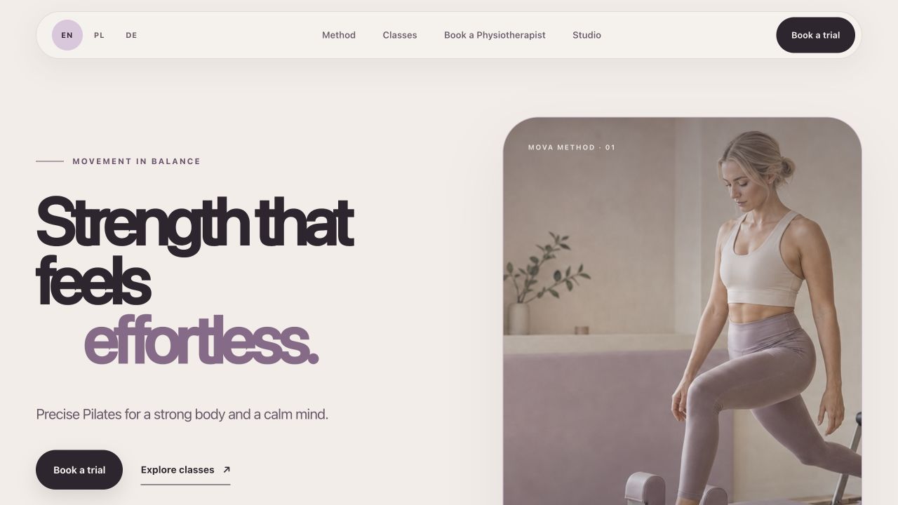 Startseite von MOVA Pilates mit einer Pilates-Übung.